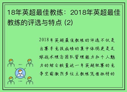 18年英超最佳教练：2018年英超最佳教练的评选与特点 (2)